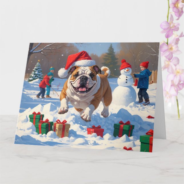 Bulldog Christmas Festive Snow Scene Card (Orchid)