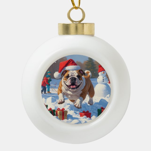 Bulldog Christmas Festive Snow Scene Ceramic Ball Christmas Ornament (Front)