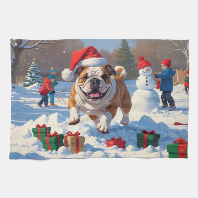 Bulldog Christmas Festive Snow Scene Kitchen Towel (Horizontal)