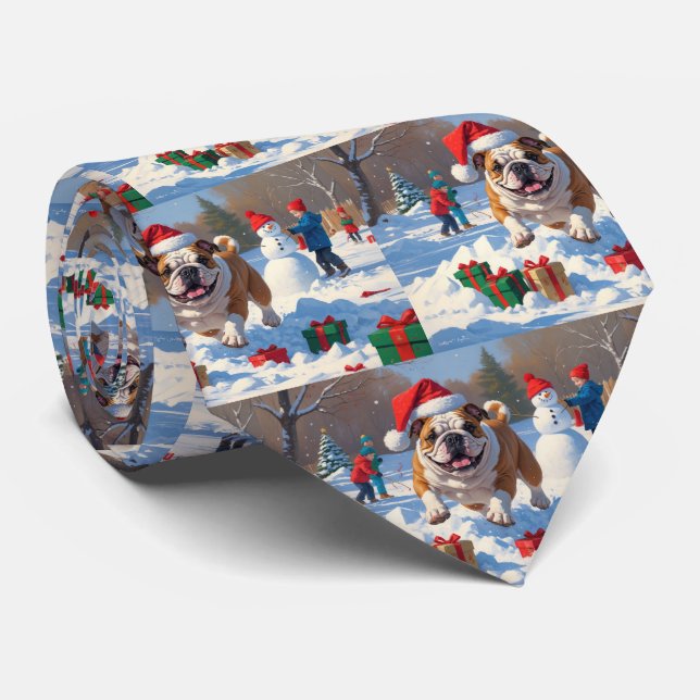 Bulldog Christmas Festive Snow Scene Neck Tie (Rolled)