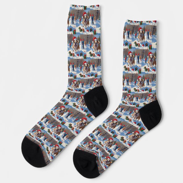 Bulldog Christmas Festive Snow Scene Socks (Left)