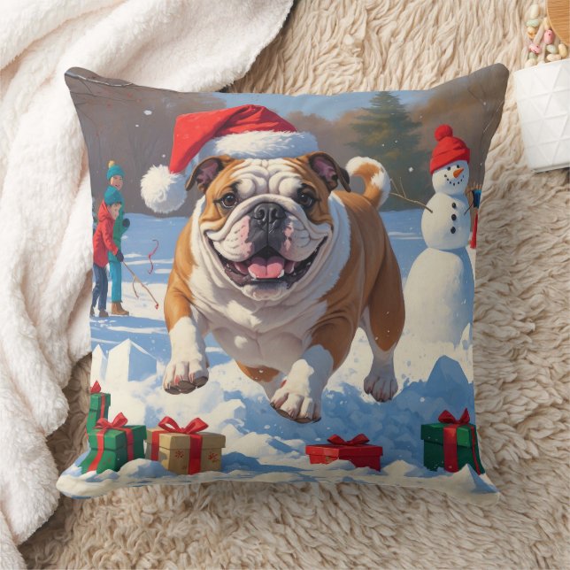 Bulldog Christmas Festive Snow Scene Throw Pillow (Blanket)