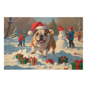 Bulldog Christmas Festive Snow Scene Wood Wall Art