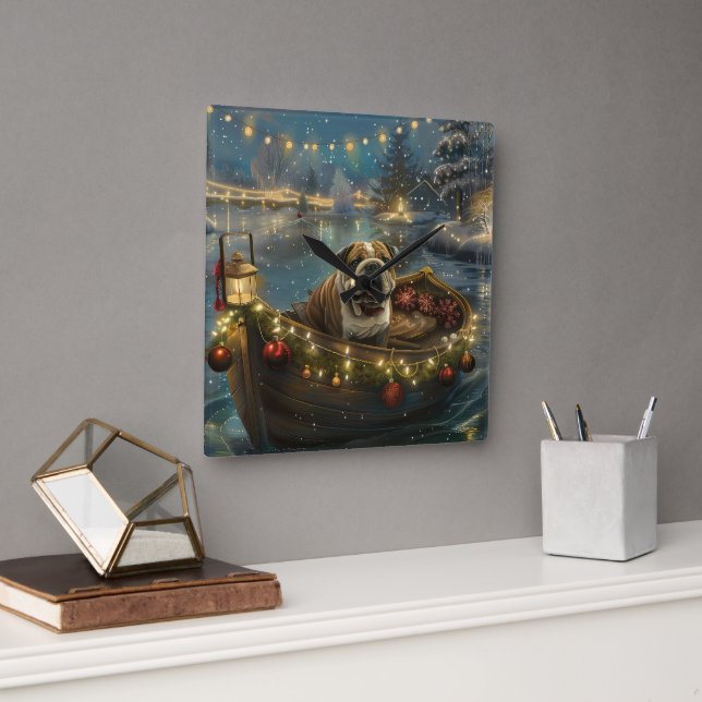 Bulldog Christmas Festive Voyage Square Wall Clock (Office)