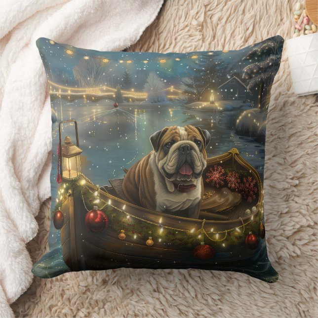 Bulldog Christmas Festive Voyage Throw Pillow (Blanket)