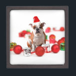 Bulldog Christmas Gift Box Ornaments Red Santa Hat<br><div class="desc">Cute Bulldog wearing Santa Hat with Christmas Gift boxes and ornaments.</div>