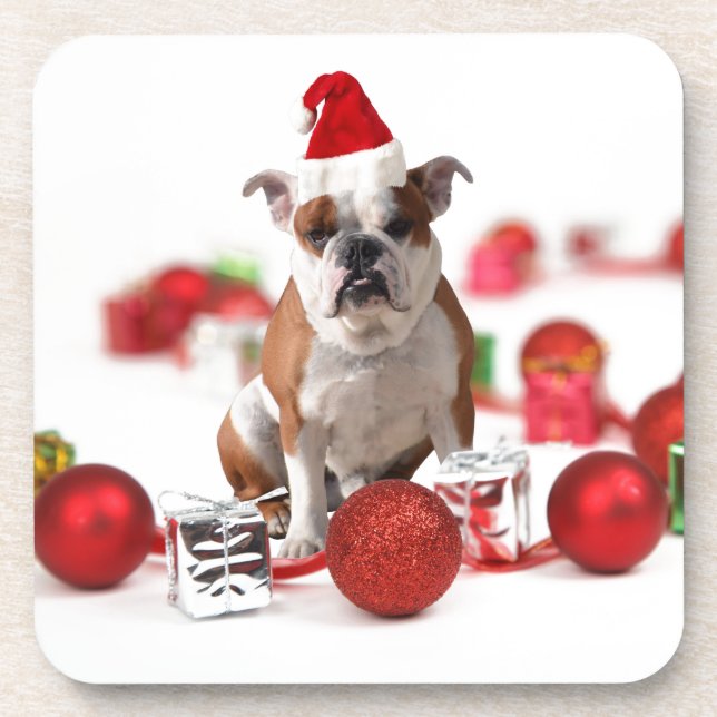 Bulldog Christmas Gift Box Ornaments Red Santa Hat Beverage Coaster (Front)