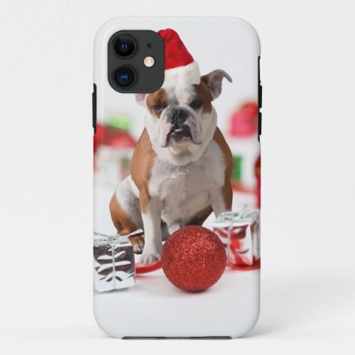 Bulldog Christmas Gift Box Ornaments Red Santa Hat iPhone 11 Case