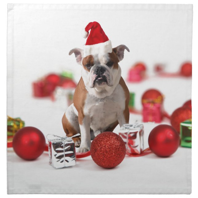 Bulldog Christmas Gift Box Ornaments Red Santa Hat Cloth Napkin (Front)