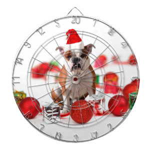 Bulldog Christmas Gift Box Ornaments Red Santa Hat Dart Board
