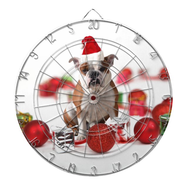 Bulldog Christmas Gift Box Ornaments Red Santa Hat Dart Board (Front)