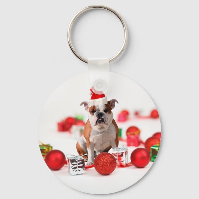 Bulldog Christmas Gift Box Ornaments Red Santa Hat Keychain (Front)