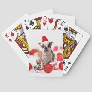 Bulldog Christmas Gift Box Ornaments Red Santa Hat Poker Cards