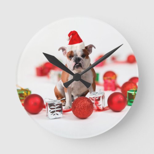 Bulldog Christmas Gift Box Ornaments Red Santa Hat Round Clock
