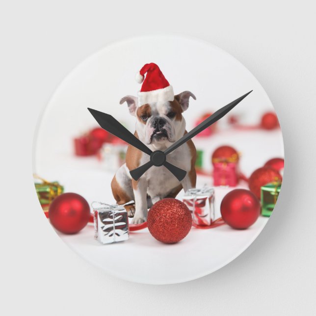 Bulldog Christmas Gift Box Ornaments Red Santa Hat Round Clock (Front)