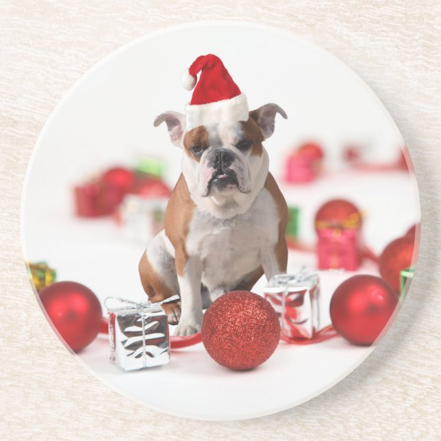 Bulldog Christmas Gift Box Ornaments Red Santa Hat Sandstone Coaster (Front)