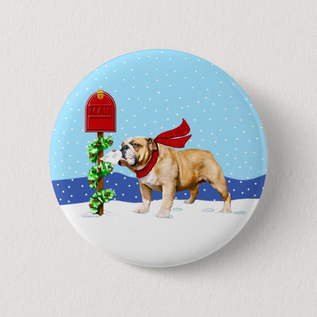 Bulldog Christmas Holiday Mail Pinback Button (Front)