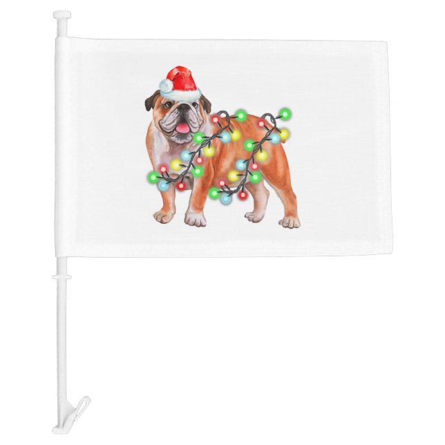 Bulldog Christmas Lights Santa Hat Xmas Dog Lover Car Flag (Front)