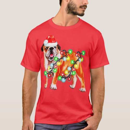 Bulldog Christmas Lights Santa Hat Xmas Dog Lover  T_Shirt