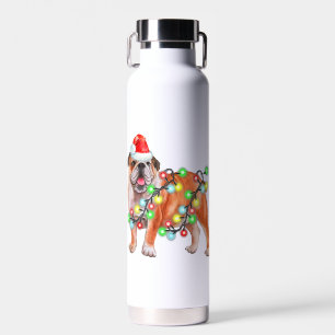 Bulldog Christmas Lights Santa Hat Xmas Dog Lover Water Bottle