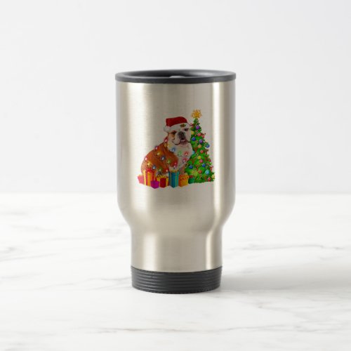 Bulldog Christmas Lights Tree Santa Hat Travel Mug