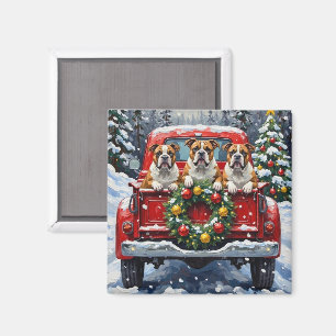 Bulldog Christmas Red Truck Holiday Magnet