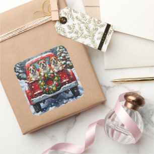 Bulldog Christmas Red Truck Holiday Square Sticker