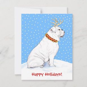 Bulldog Christmas Reindeer White Invitation