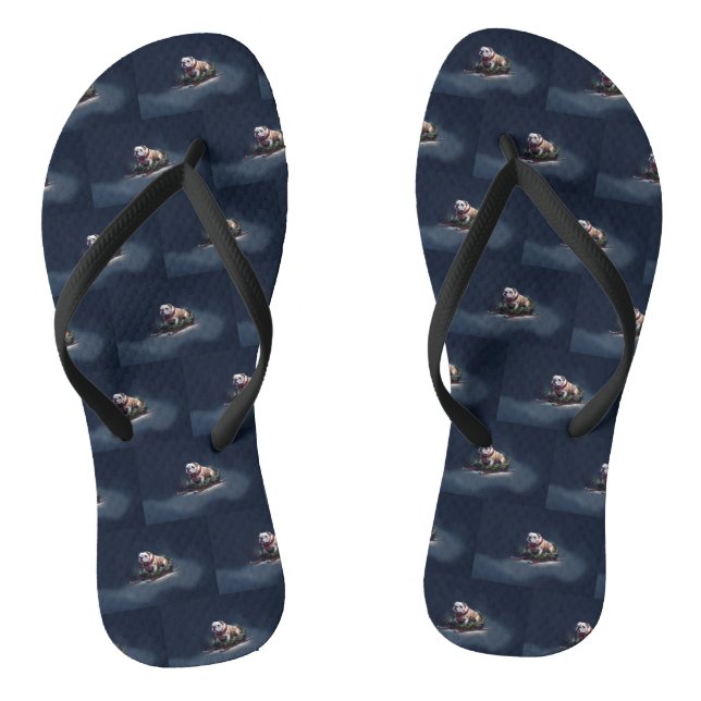 Bulldog Christmas snow winter Flip Flops (Footbed)