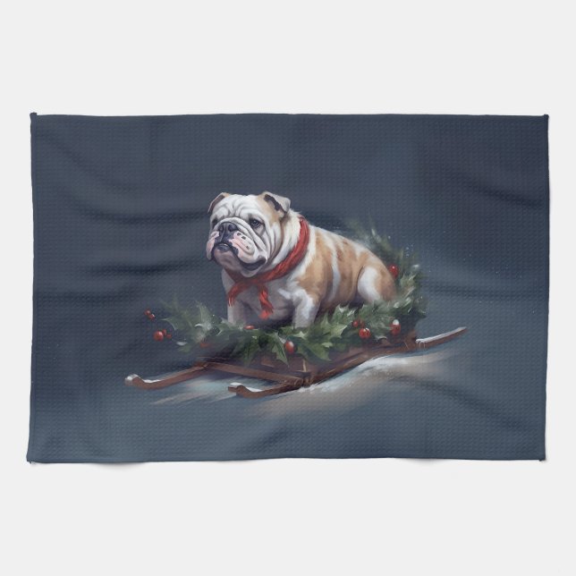 Bulldog Christmas snow winter Kitchen Towel (Horizontal)