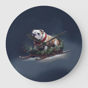 Bulldog Christmas snow winter Large Clock