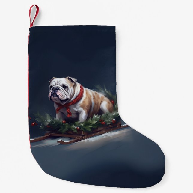 Bulldog Christmas snow winter Small Christmas Stocking (Front)