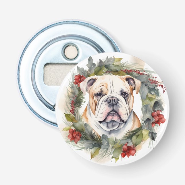 Bulldog Christmas Wreath Festive Pup  Bottle Opener (Front)