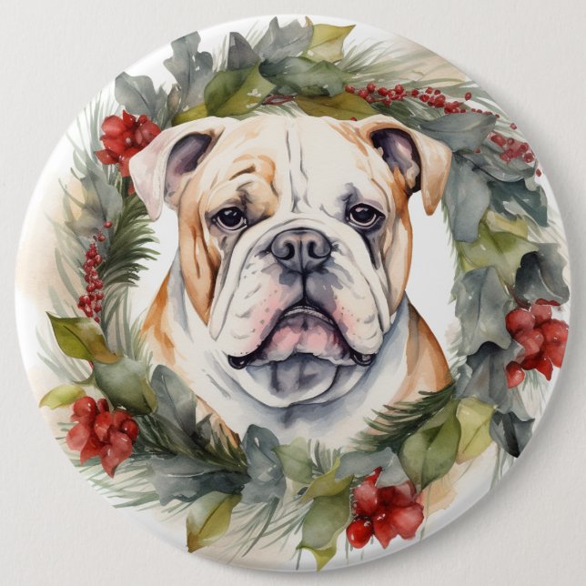 Bulldog Christmas Wreath Festive Pup  Button (Front)