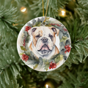 Bulldog Christmas Wreath Festive Pup Ceramic Ornament