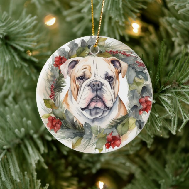 Bulldog Christmas Wreath Festive Pup  Ceramic Ornament (Tree)