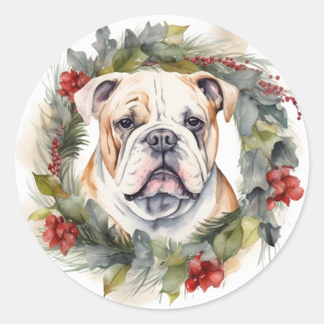 Bulldog Christmas Wreath Festive Pup  Classic Round Sticker (Front)