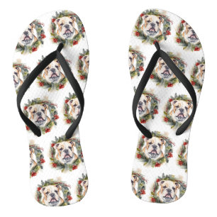 Bulldog Christmas Wreath Festive Pup Flip Flops
