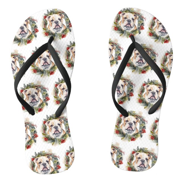 Bulldog Christmas Wreath Festive Pup  Flip Flops (Footbed)