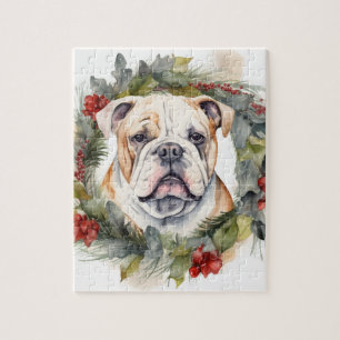 Bulldog Christmas Wreath Festive Pup  Jigsaw Puzzle