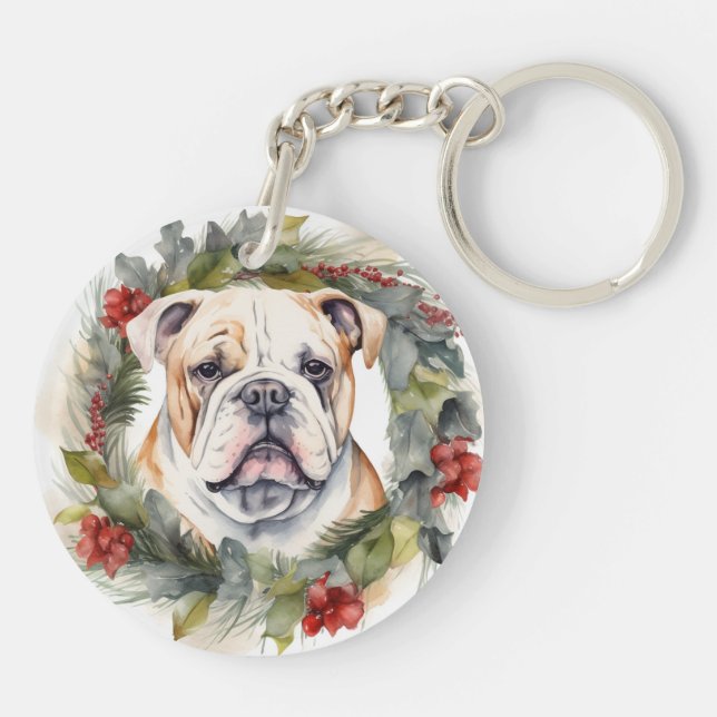 Bulldog Christmas Wreath Festive Pup  Keychain (Back)