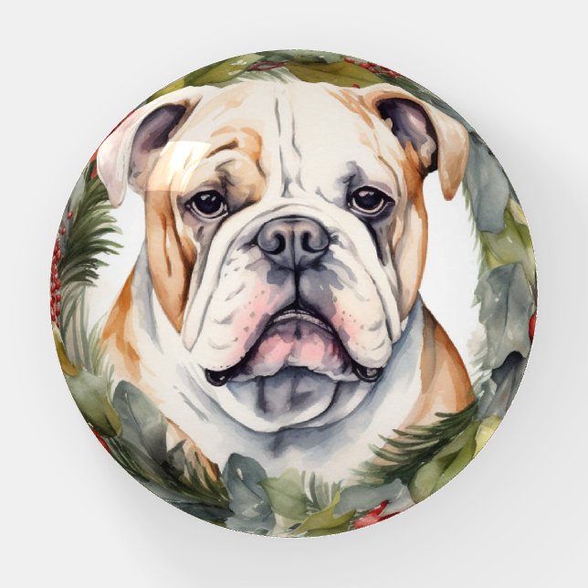 Bulldog Christmas Wreath Festive Pup  Paperweight (Front)