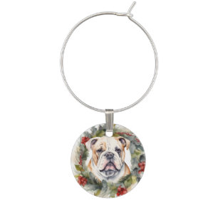 Bulldog Christmas Wreath Festive Pup  Wine Charm