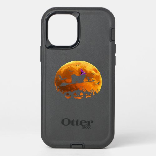 Bulldog Costume Witch Riding Broom Moon Halloween OtterBox Defender iPhone 12 Case