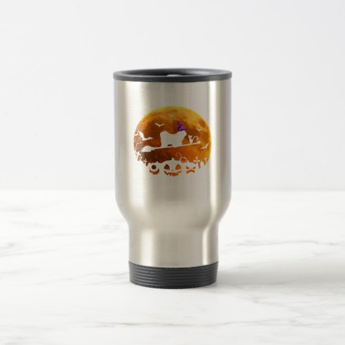 Bulldog Costume Witch Riding Broom Moon Halloween Travel Mug