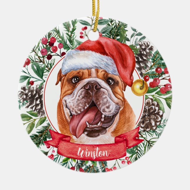 Bulldog Custom Name Christmas Ceramic Ornament (Front)