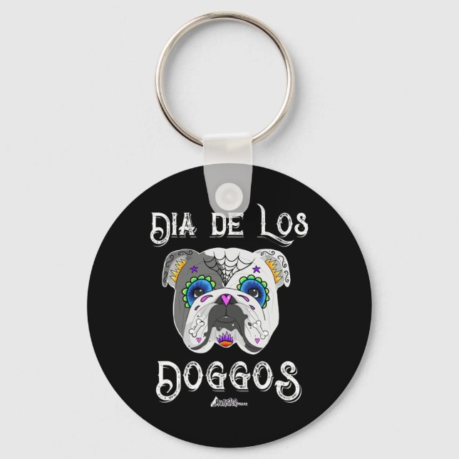 Bulldog Day Of The Dead Sugar Skull Halloween  Keychain (Front)