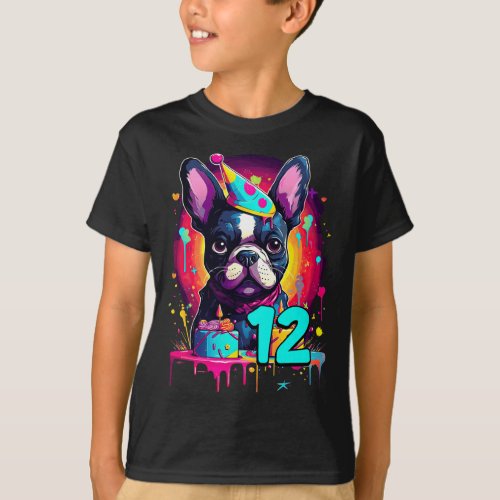 Bulldog Dog 12th Birthday Themed Party 12 Years Ol T_Shirt