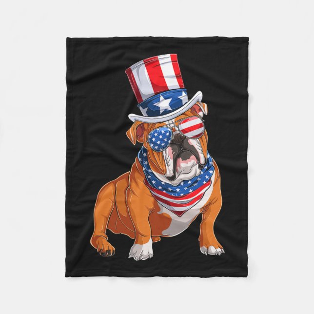 Bulldog Dog 4th Of July American Flag  Fleece Blanket (Front)