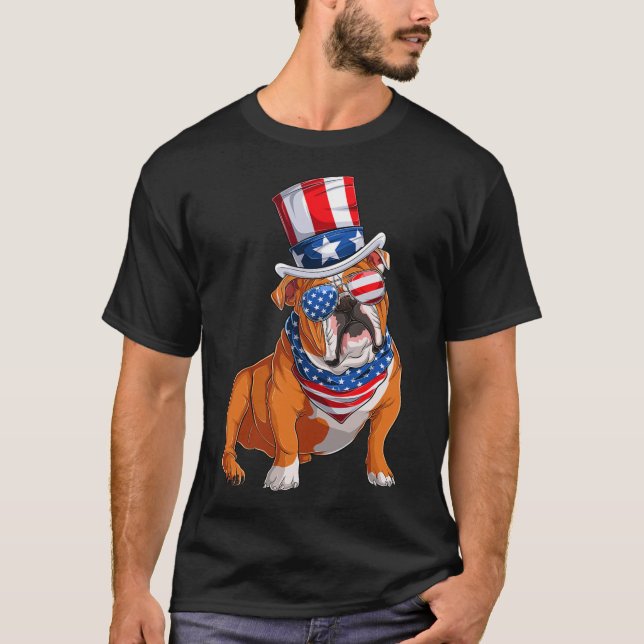 Bulldog Dog 4th Of July American Flag  T-Shirt (Front)